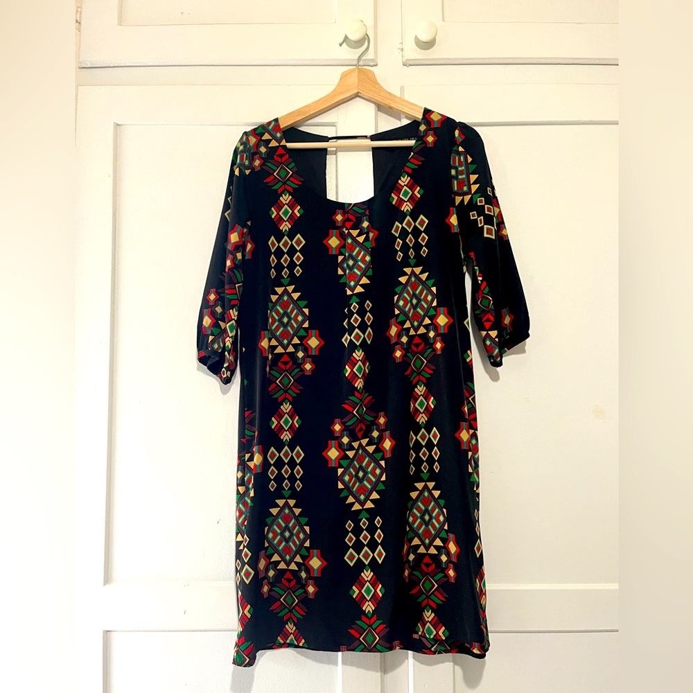 NWOT Peach Love Cream California Dress Size Small Black Boho Geometric Print